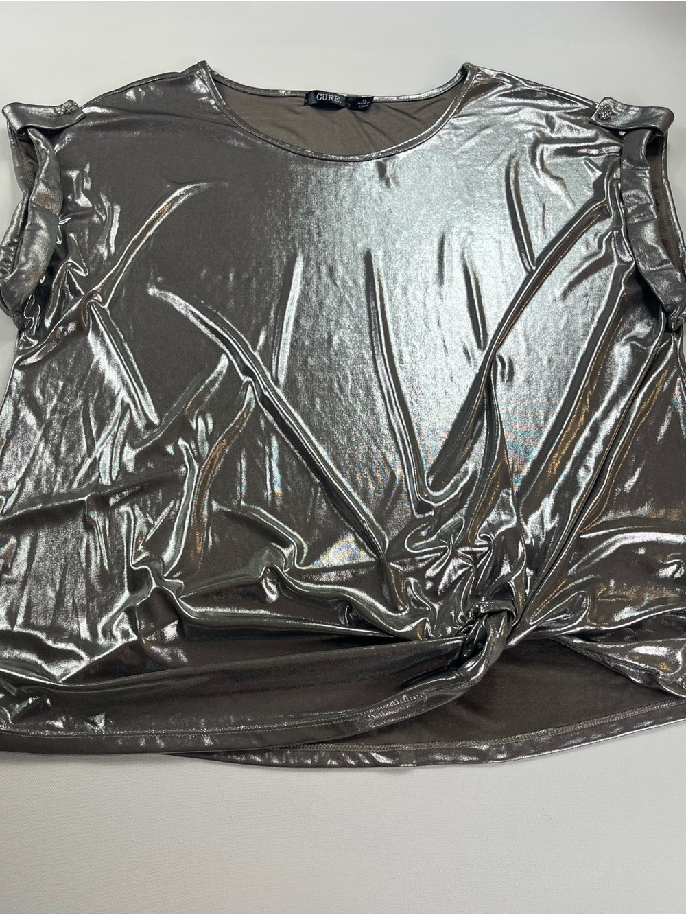 Cure Women’s Metallic Grey Pewter Top Size XL Side Knot Draped Foil Blouse